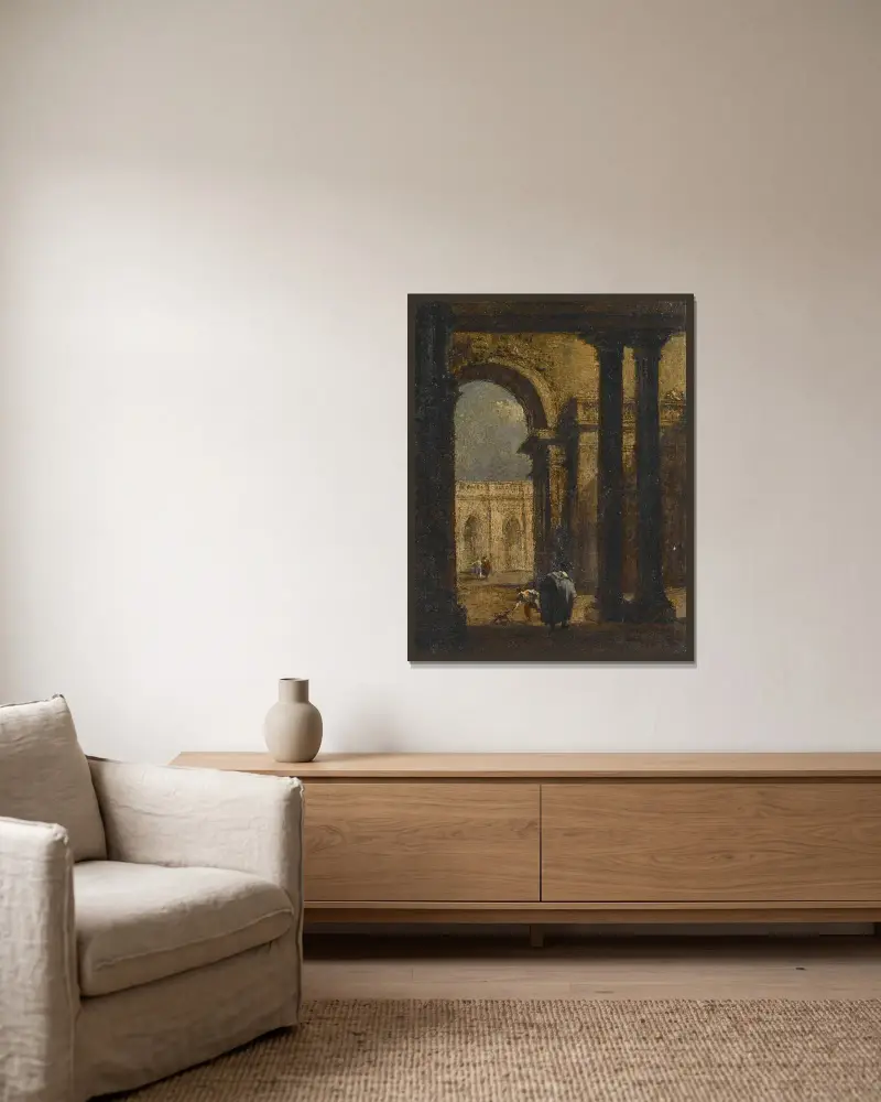 Capriccio; En palatsgård av Francesco Guardi inramad på en vägg