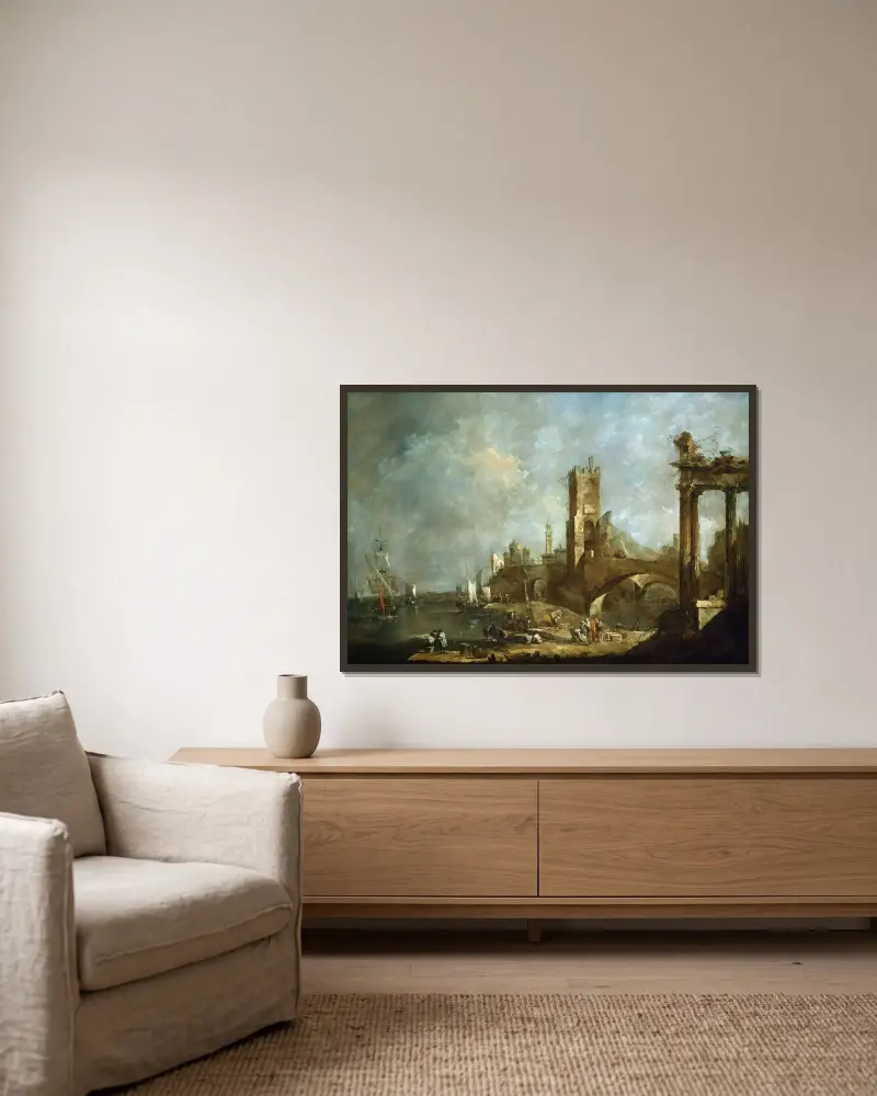 Hamncapriccio av Francesco Guardi inramad på en vägg