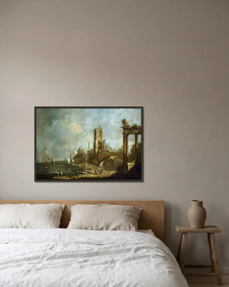 Hamncapriccio av Francesco Guardi inramad på en vägg