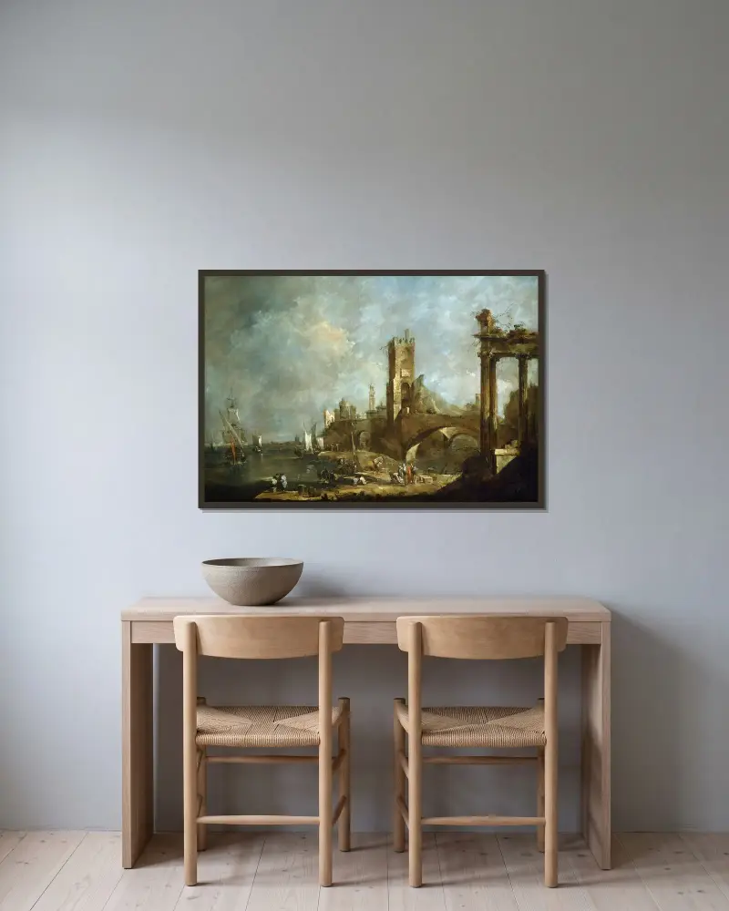Hamncapriccio av Francesco Guardi inramad på en vägg