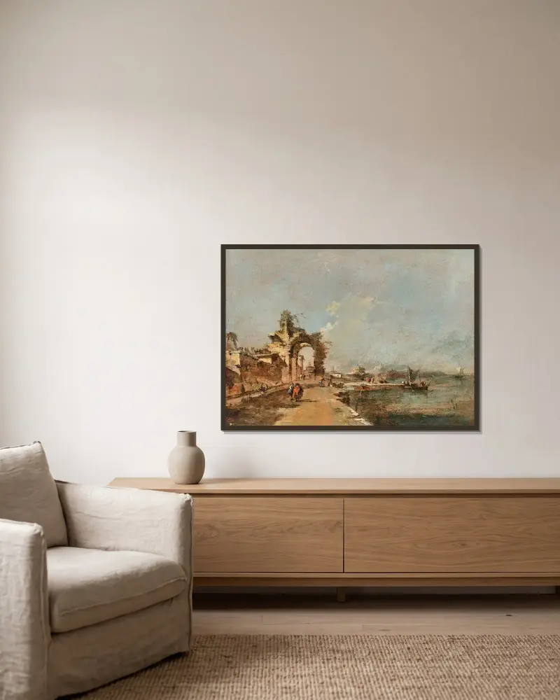 Capriccio över en lagun med figurer och en raserad båge av Francesco Guardi inramad på en vägg