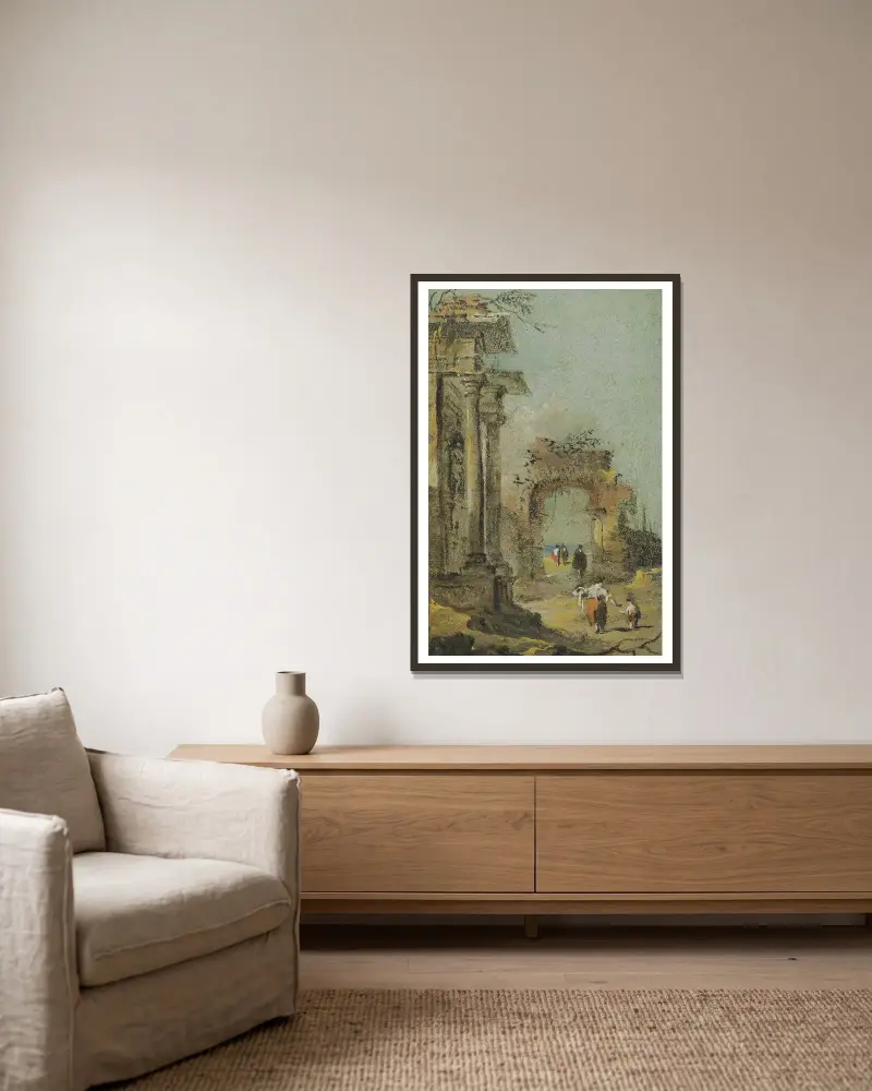 Capriccio Of Architectural Ruins And Figures av Francesco Guardi inramad på en vägg