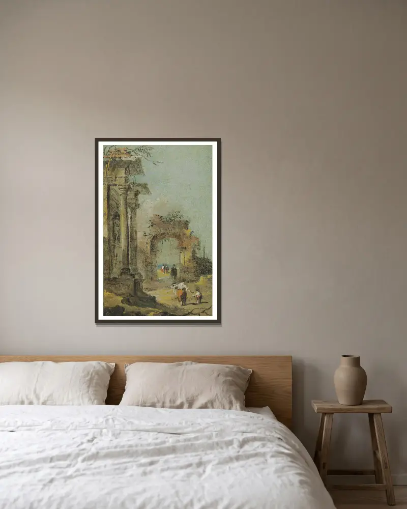 Capriccio Of Architectural Ruins And Figures av Francesco Guardi inramad på en vägg