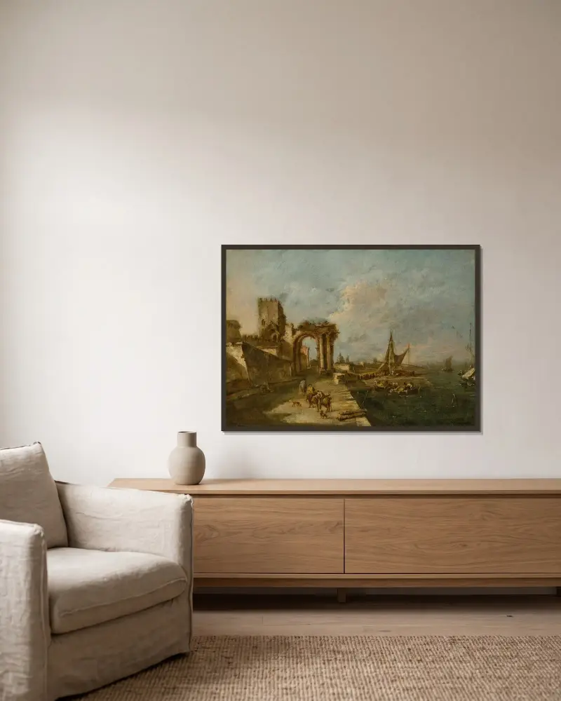Capriccio med en ruinerad båge, ett torn bortom och en hamn med båtar och små fartyg, en kupolkyrka i fjärran av Francesco Guardi inramad på en vägg