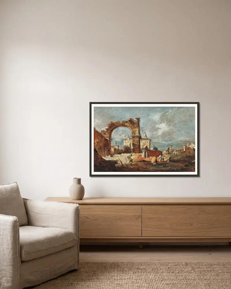 Capriccio mit einem ruinösen Bogen und einer Villa im Hintergrund von Francesco Guardi gerahmt an einer Wand