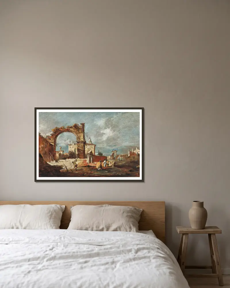 Capriccio mit einem ruinösen Bogen und einer Villa im Hintergrund von Francesco Guardi gerahmt an einer Wand