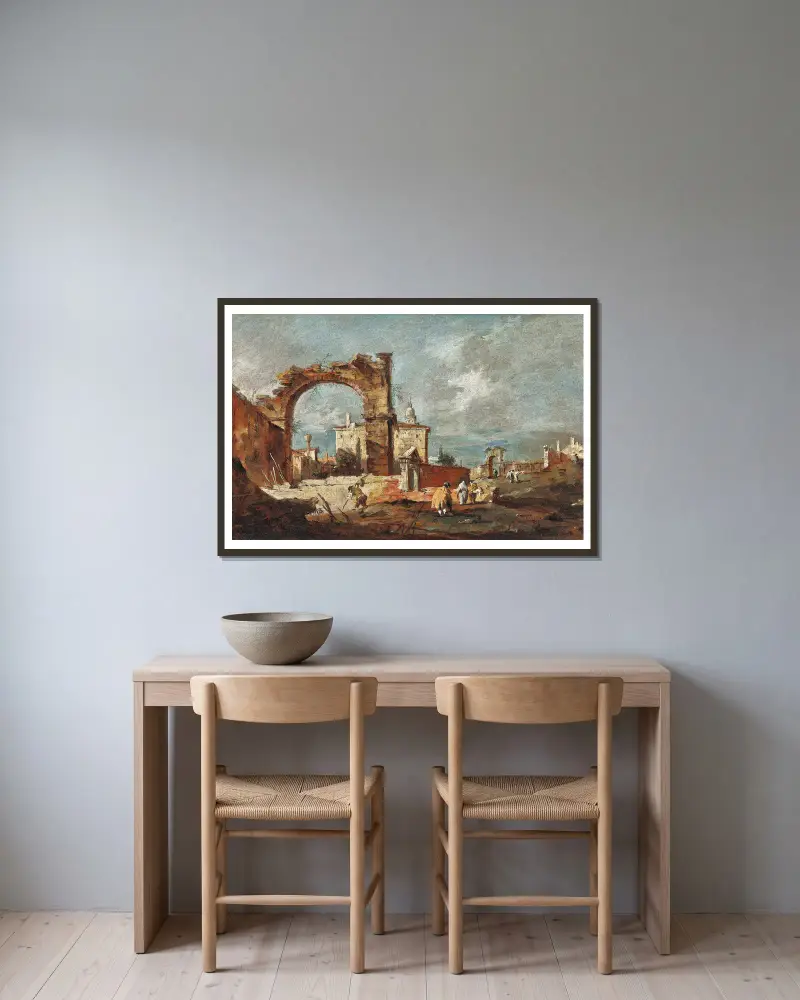 Capriccio mit einem ruinösen Bogen und einer Villa im Hintergrund von Francesco Guardi gerahmt an einer Wand