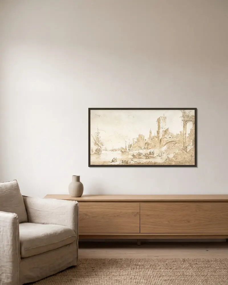 Capriccio mit Hafen und klassischen Ruinen von Francesco Guardi gerahmt an einer Wand