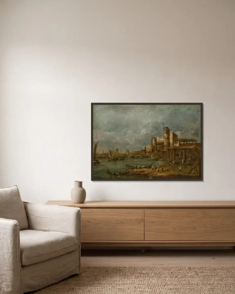 Capriccio med ett arsenalsområde, skeppsbyggare i arbete på en varv och en stad med torn i fjärran av Francesco Guardi inramad på en vägg