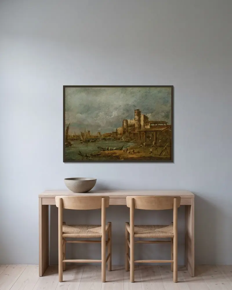 Capriccio med ett arsenalsområde, skeppsbyggare i arbete på en varv och en stad med torn i fjärran av Francesco Guardi inramad på en vägg