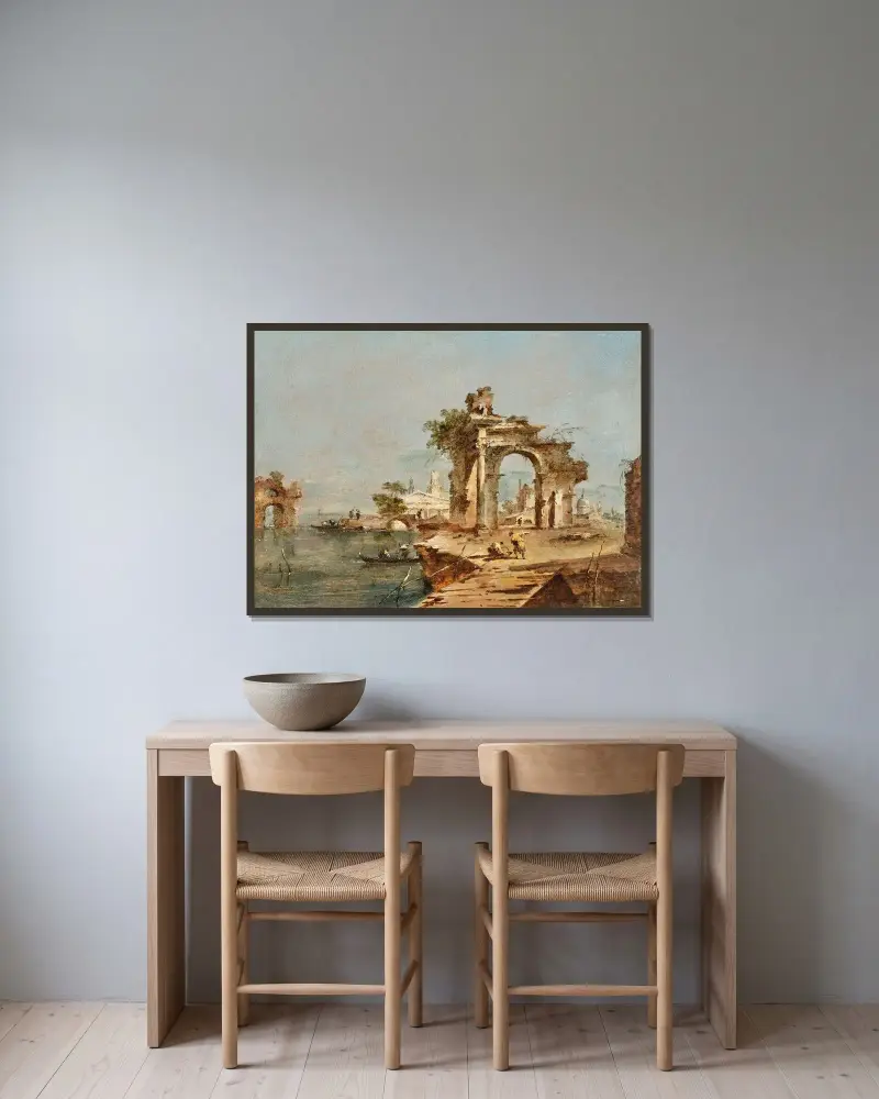 Capriccio med figurer vid en lagun, en ruinerad båge och ett tempel bortom av Francesco Guardi inramad på en vägg