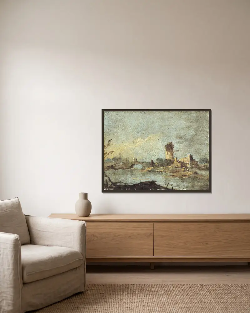 Caprice rustique, avec pont et tour en ruine av Francesco Guardi inramad på en vägg