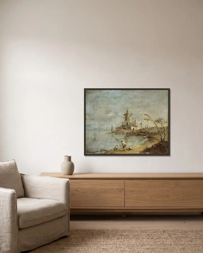 Lantligt capriccio med torn vid vattnet av Francesco Guardi inramad på en vägg