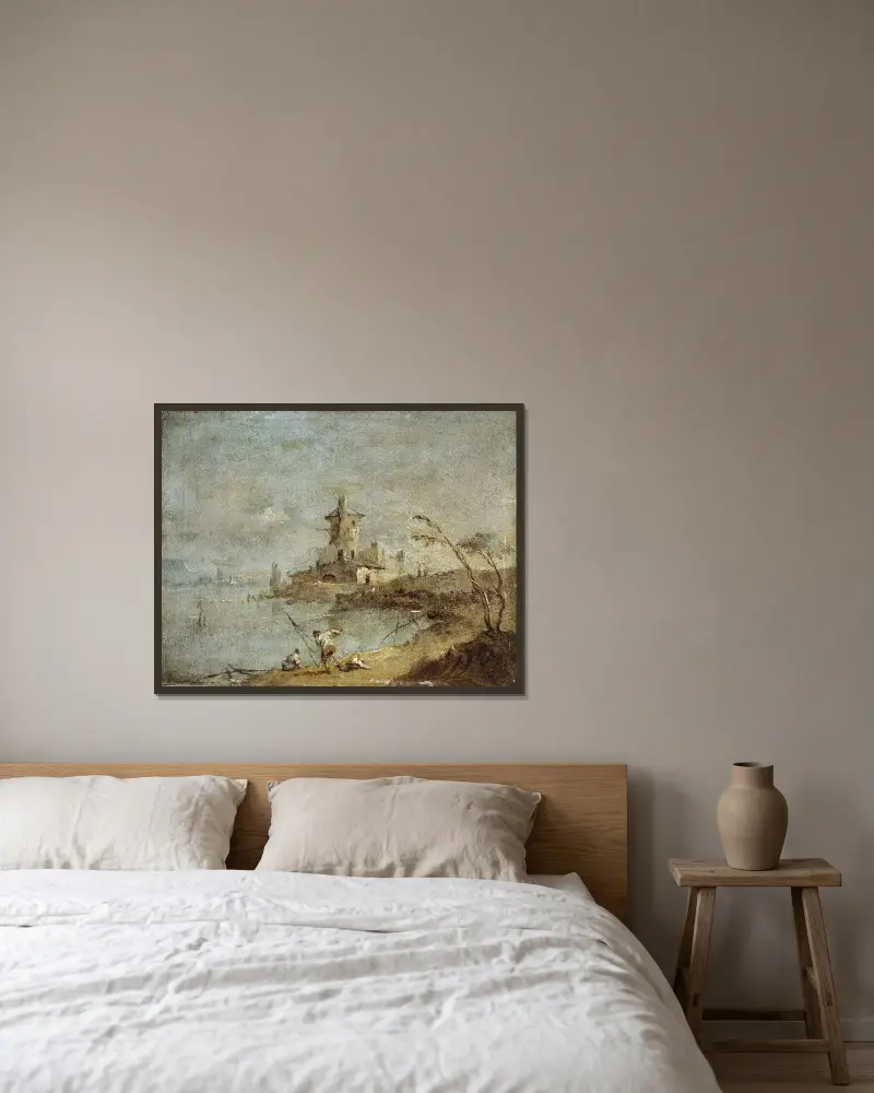 Lantligt capriccio med torn vid vattnet av Francesco Guardi inramad på en vägg