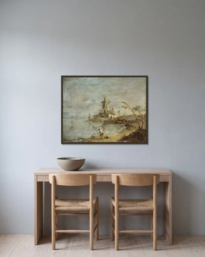 Lantligt capriccio med torn vid vattnet av Francesco Guardi inramad på en vägg