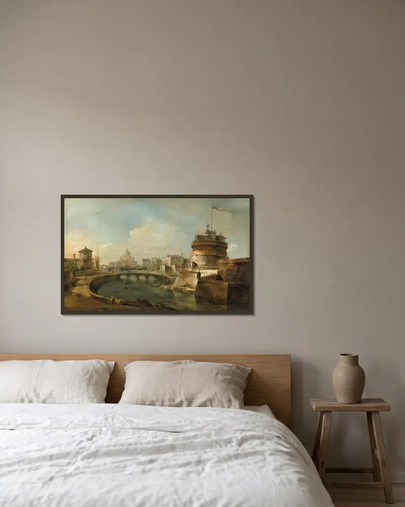Fantasifull vy av Castel Sant'Angelo, Rom av Francesco Guardi inramad på en vägg