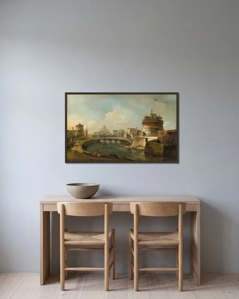 Fantasifull vy av Castel Sant'Angelo, Rom av Francesco Guardi inramad på en vägg