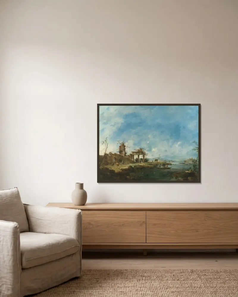 Fantastiskt landskap av Francesco Guardi inramad på en vägg