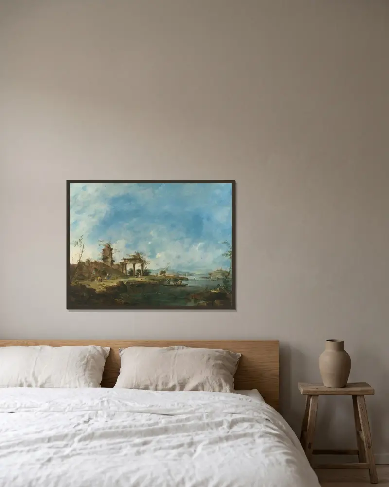 Fantastiskt landskap av Francesco Guardi inramad på en vägg