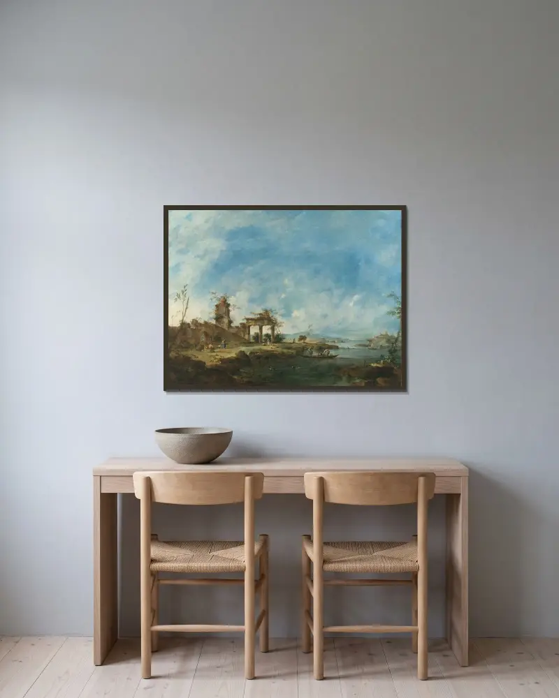 Fantastiskt landskap av Francesco Guardi inramad på en vägg