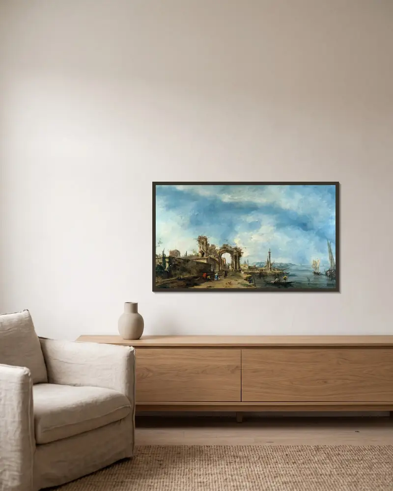 Fantastiskt landskap av Francesco Guardi inramad på en vägg
