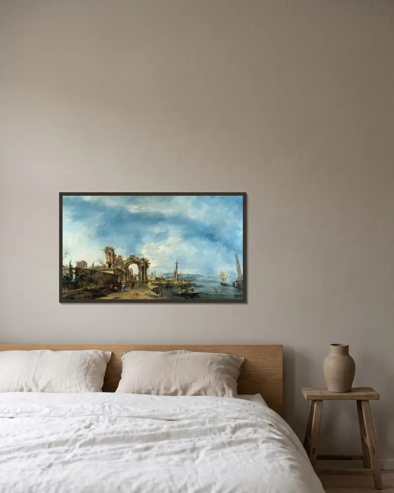 Fantastiskt landskap av Francesco Guardi inramad på en vägg