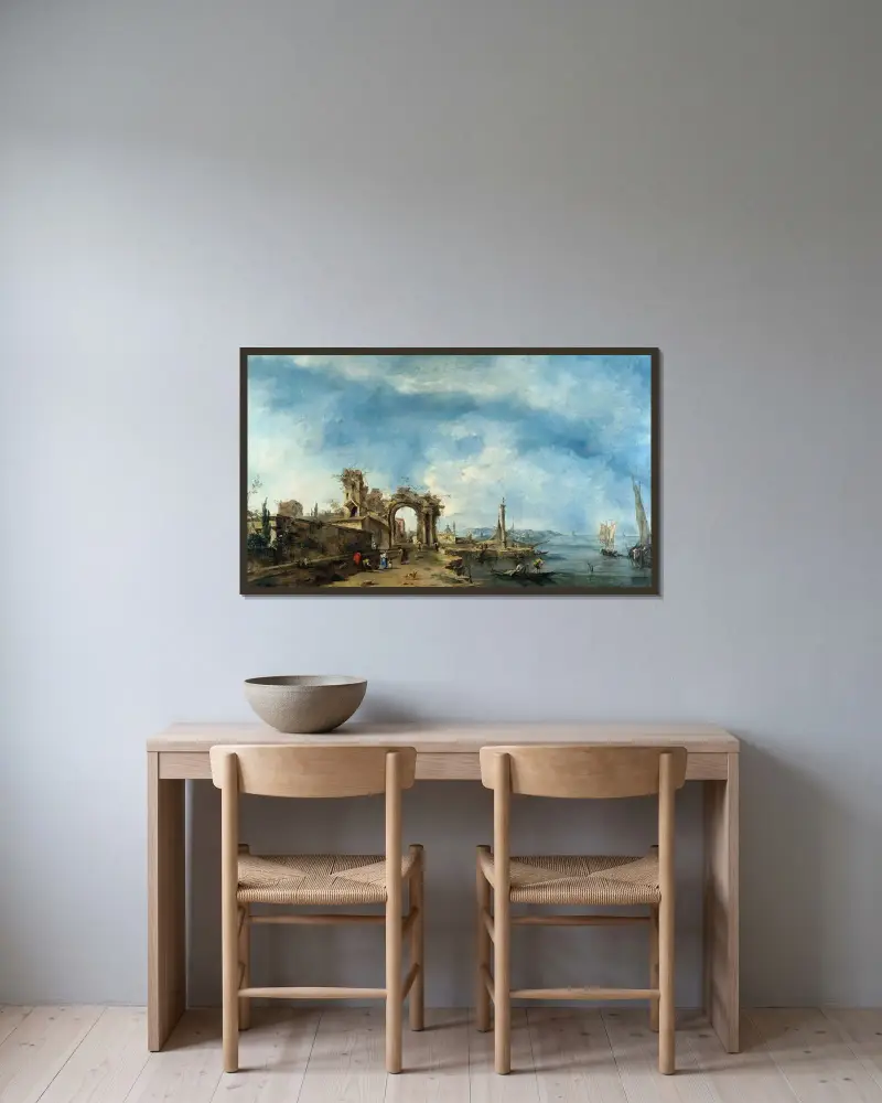 Fantastiskt landskap av Francesco Guardi inramad på en vägg