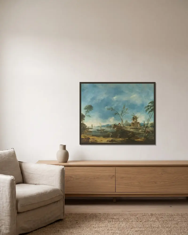 Fantastiskt landskap av Francesco Guardi inramad på en vägg
