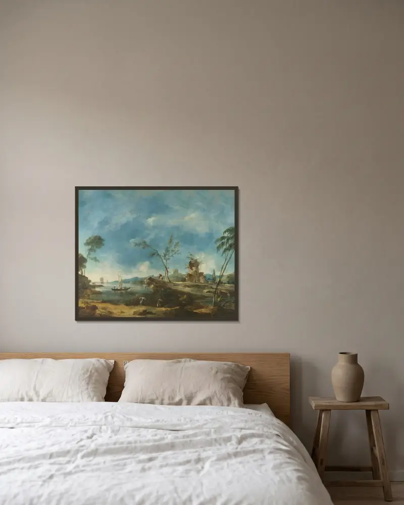 Fantastiskt landskap av Francesco Guardi inramad på en vägg