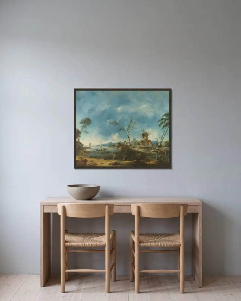 Fantastiskt landskap av Francesco Guardi inramad på en vägg