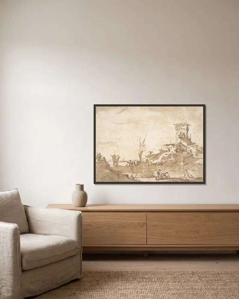 Lago Capriccio med torn av Francesco Guardi inramad på en vägg