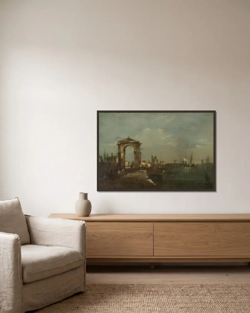 Landscape with a Quay and Ships on a Lake av Francesco Guardi inramad på en vägg