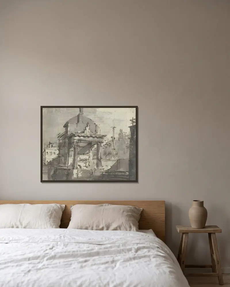 Monument på en plats av Francesco Guardi inramad på en vägg