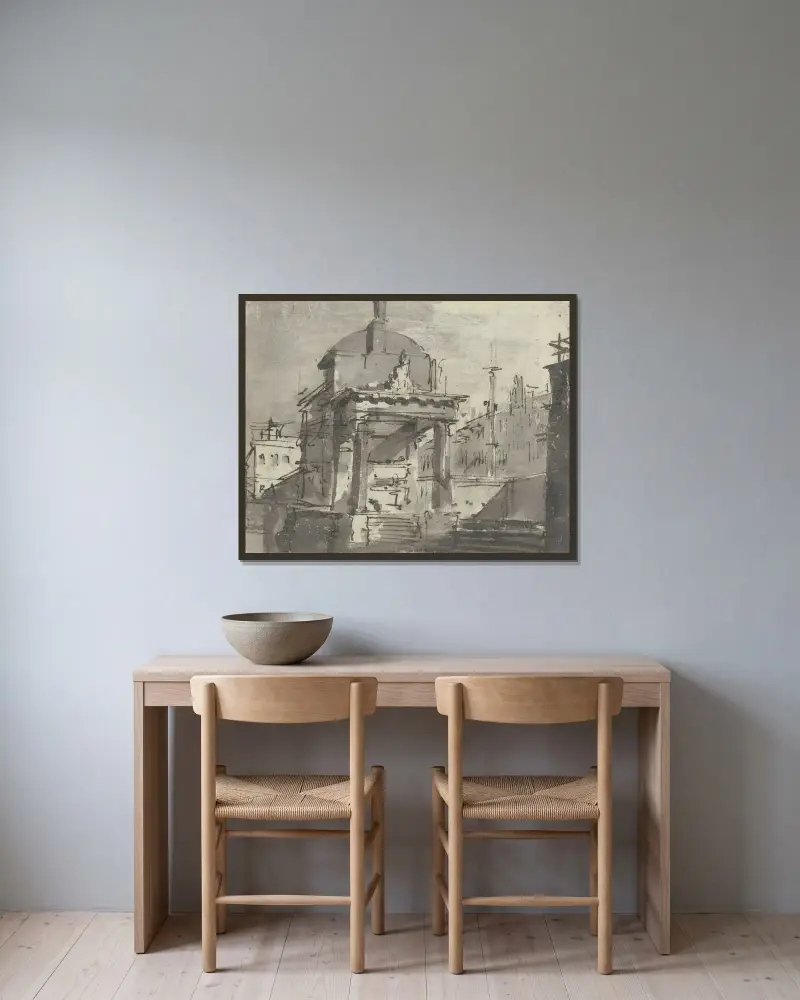Monument på en plats av Francesco Guardi inramad på en vägg