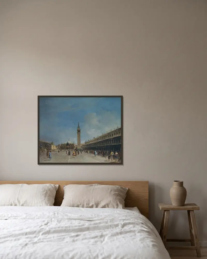 Piazza San Marco av Francesco Guardi inramad på en vägg