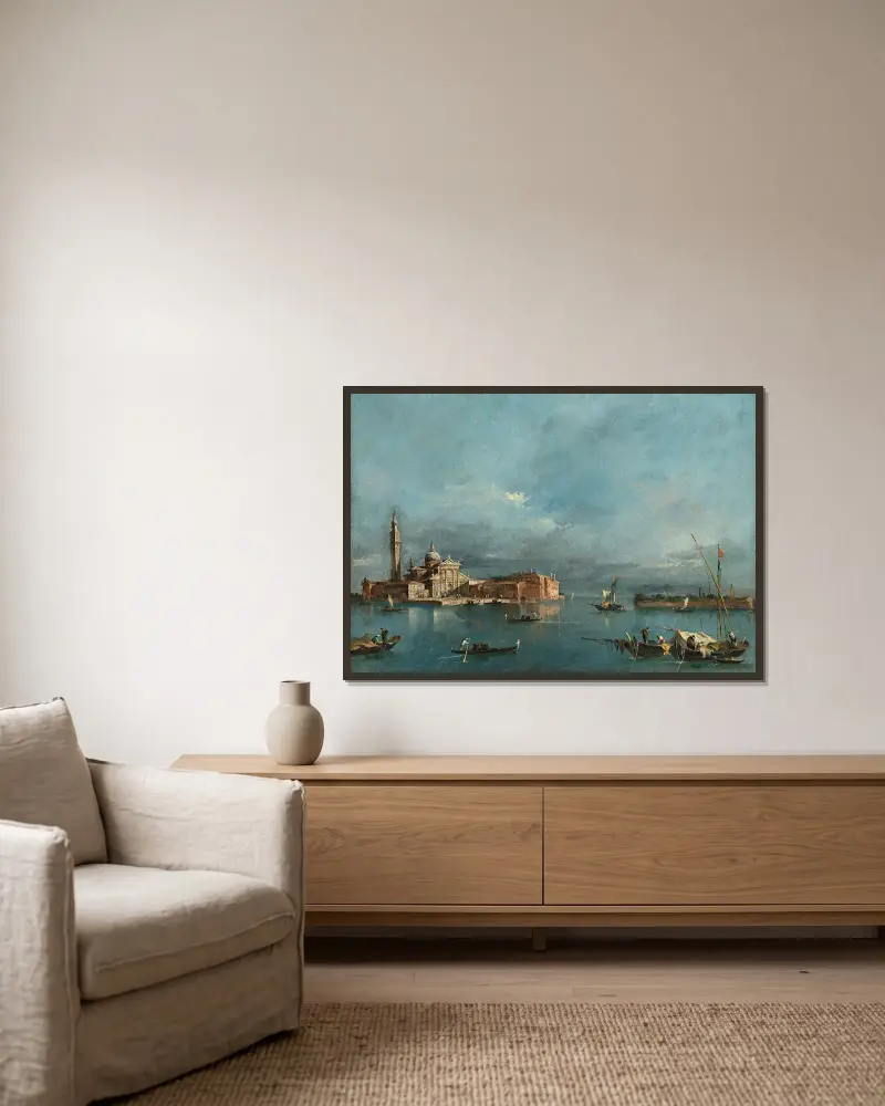 San Giorgio Maggiore, with the Punta del Giudecca av Francesco Guardi inramad på en vägg