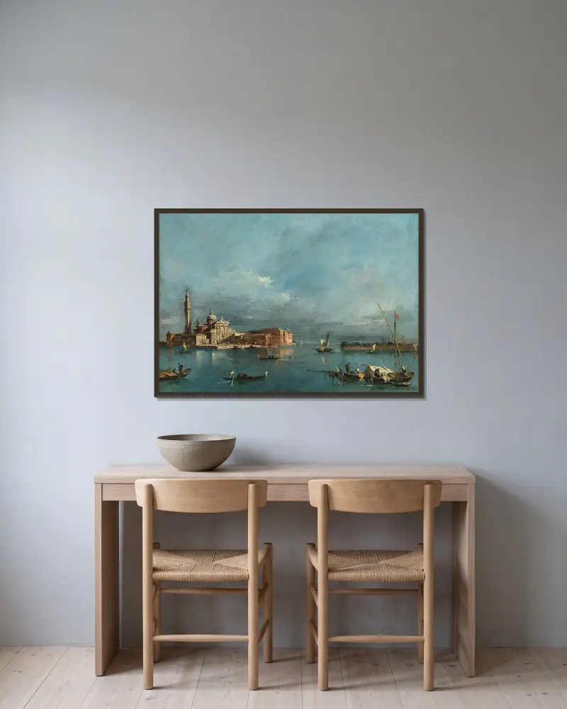 San Giorgio Maggiore, with the Punta del Giudecca av Francesco Guardi inramad på en vägg