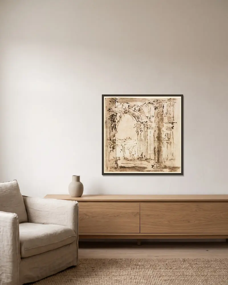 Skiss av Villa Pisanis labyrint av Francesco Guardi inramad på en vägg