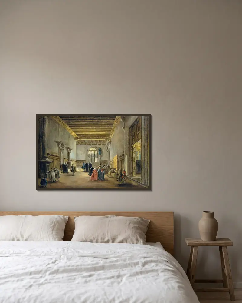 Förrummet till Sala del Maggior Consiglio av Francesco Guardi inramad på en vägg