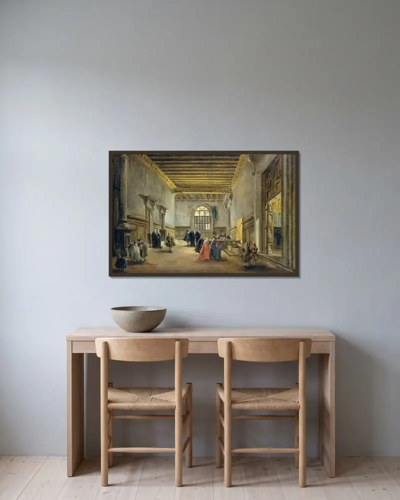 Förrummet till Sala del Maggior Consiglio av Francesco Guardi inramad på en vägg