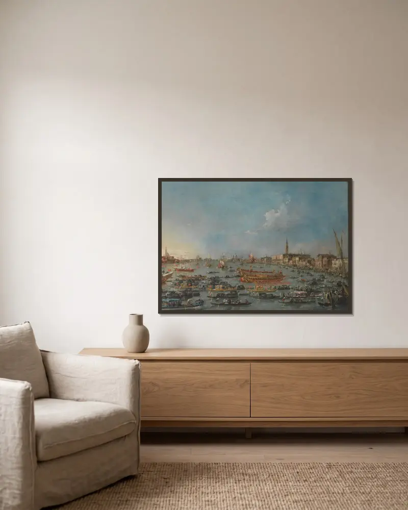 The Bucintoro Festival of Venice av Francesco Guardi inramad på en vägg