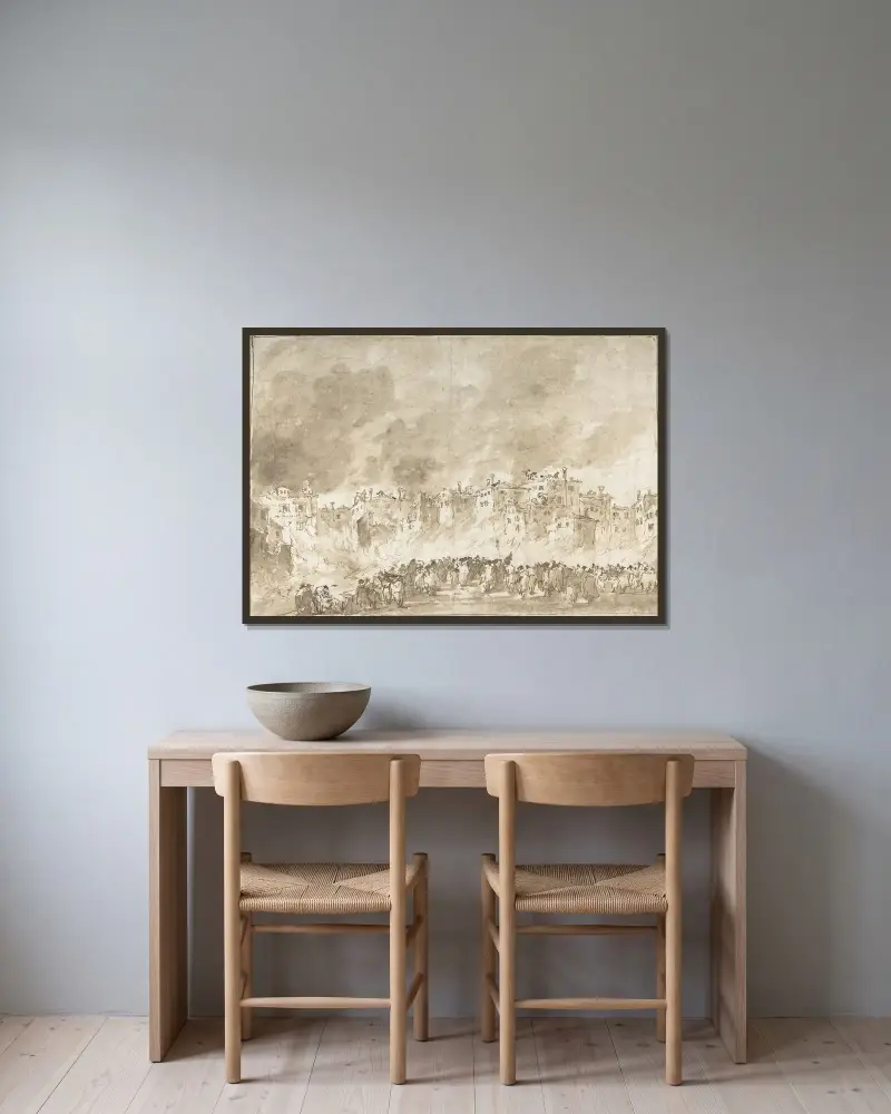 Branden vid San Marcuola av Francesco Guardi inramad på en vägg