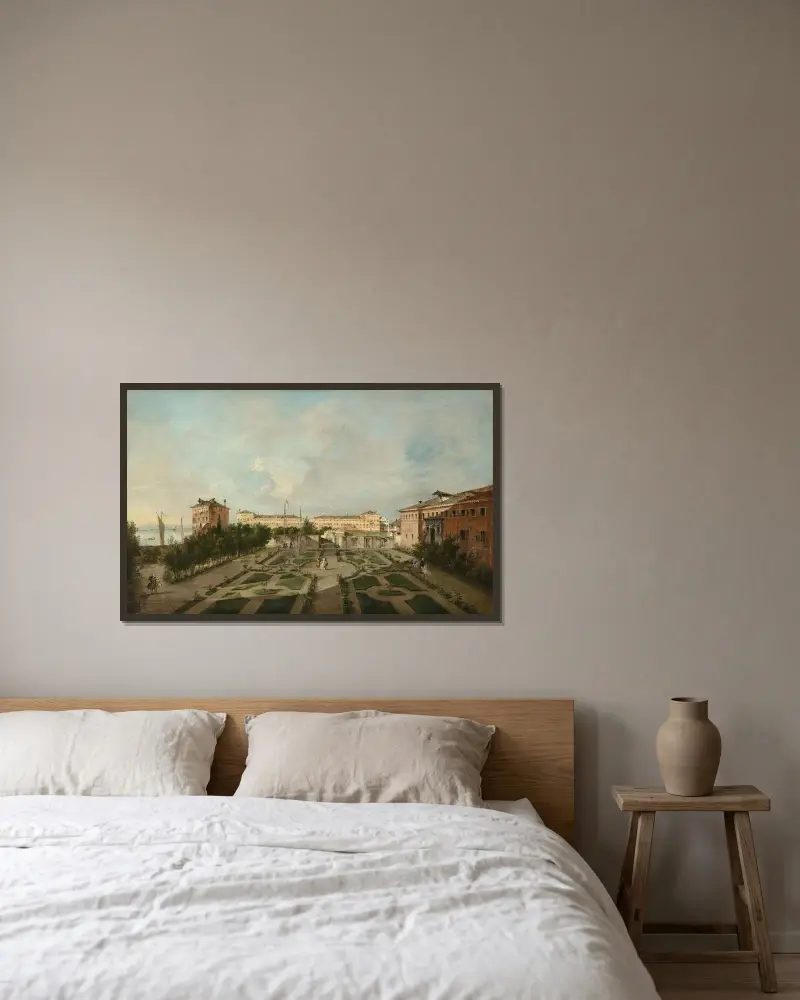 Trädgården vid Palazzo Contarini dal Zaffo av Francesco Guardi inramad på en vägg
