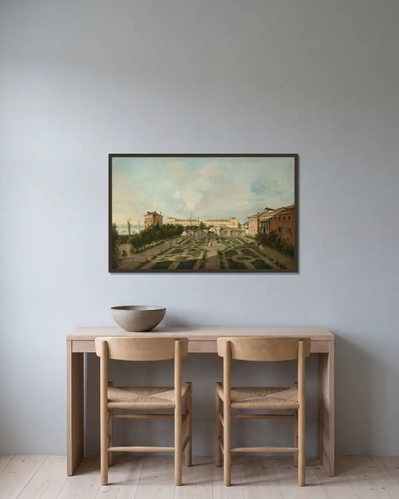 Trädgården vid Palazzo Contarini dal Zaffo av Francesco Guardi inramad på en vägg