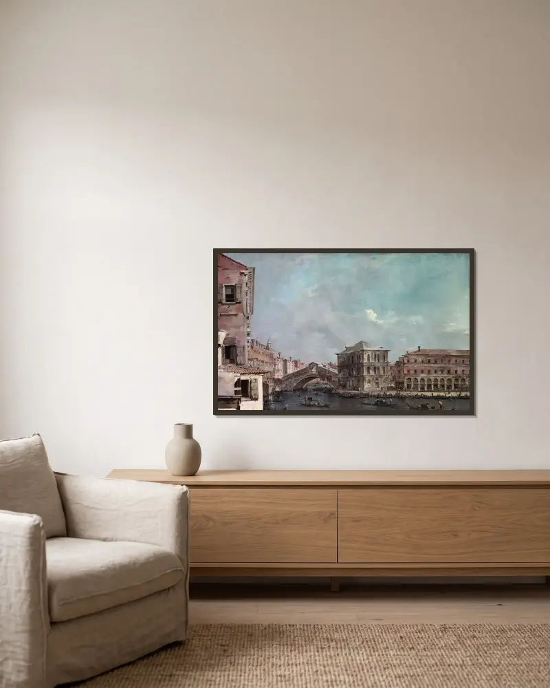 Canal Grande ovanför Rialto av Francesco Guardi inramad på en vägg