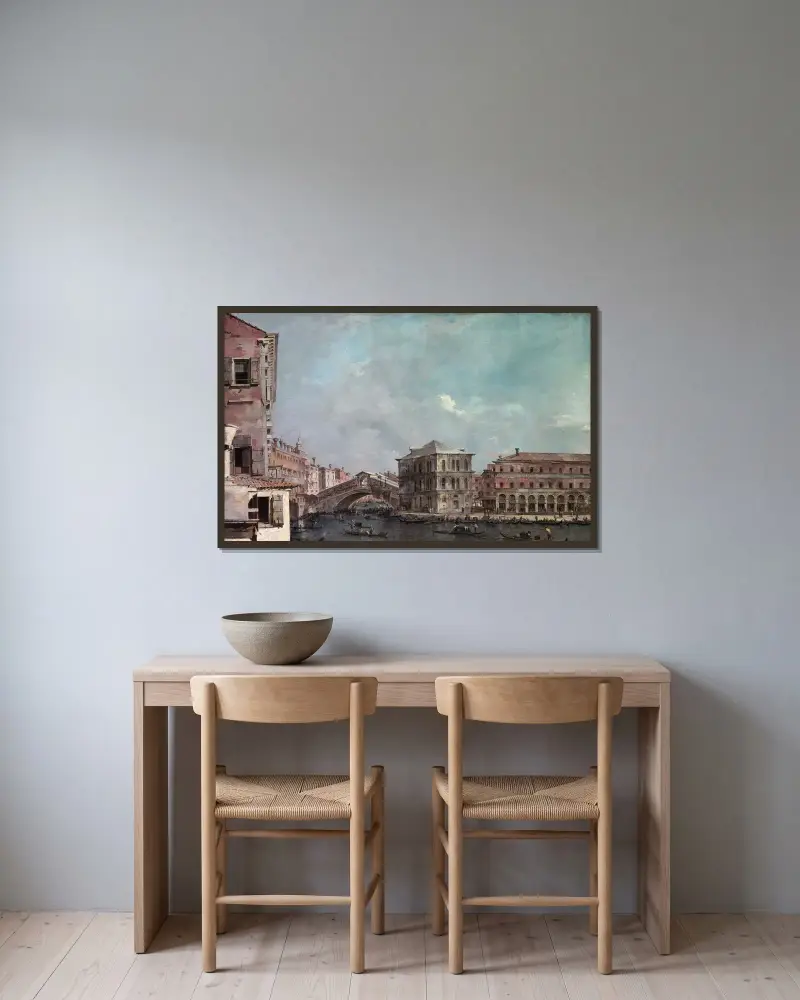 Canal Grande ovanför Rialto av Francesco Guardi inramad på en vägg