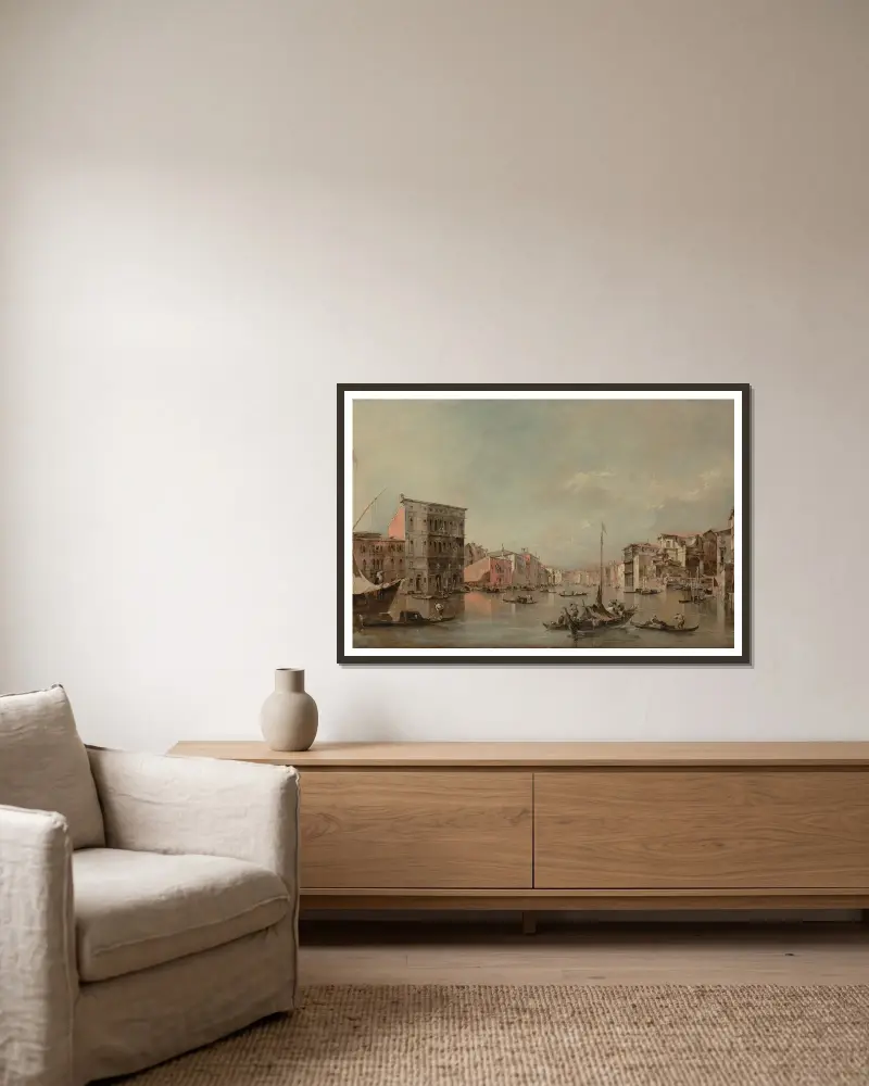 The Grand Canal in Venice with Palazzo Bembo av Francesco Guardi inramad på en vägg