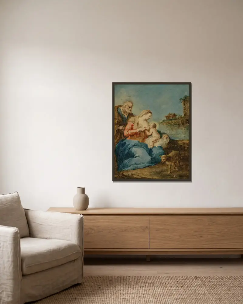 Den heliga familjen av Francesco Guardi inramad på en vägg