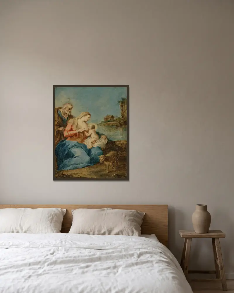 Den heliga familjen av Francesco Guardi inramad på en vägg