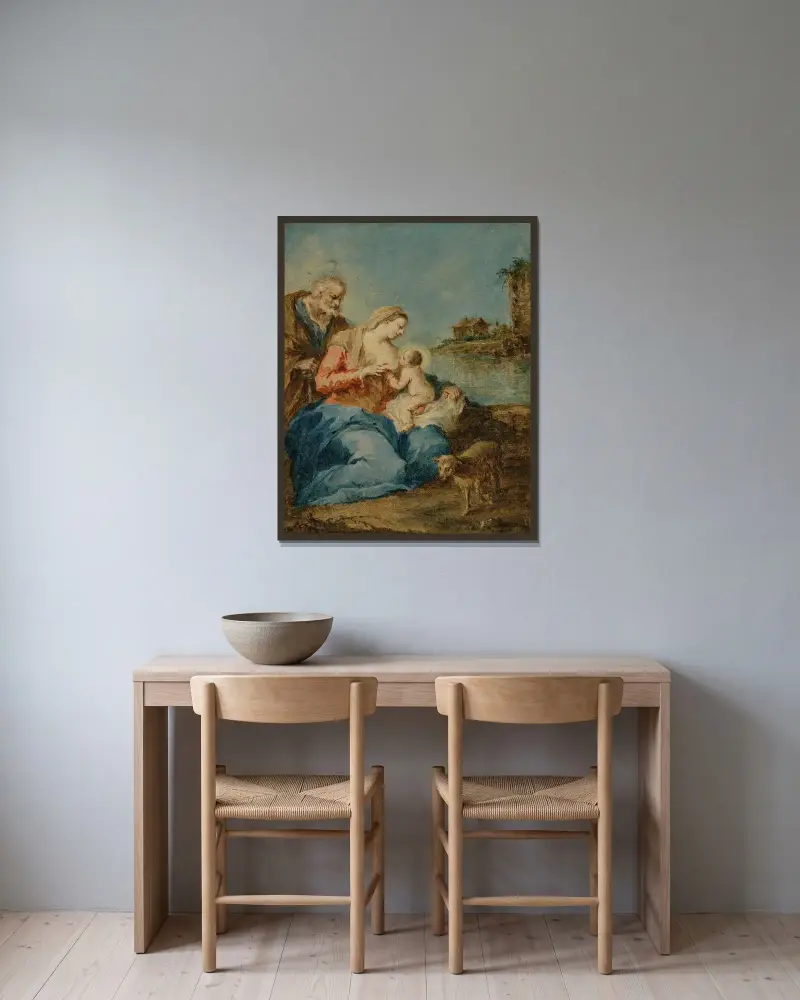 Den heliga familjen av Francesco Guardi inramad på en vägg